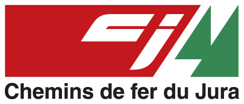 Logo des Chemins de fer du Jura Logo des Chemins de fer du Jura, les lettres c et j blanches sur fond rouge et deux triangles verts symbolisant des sapins sur la droite.