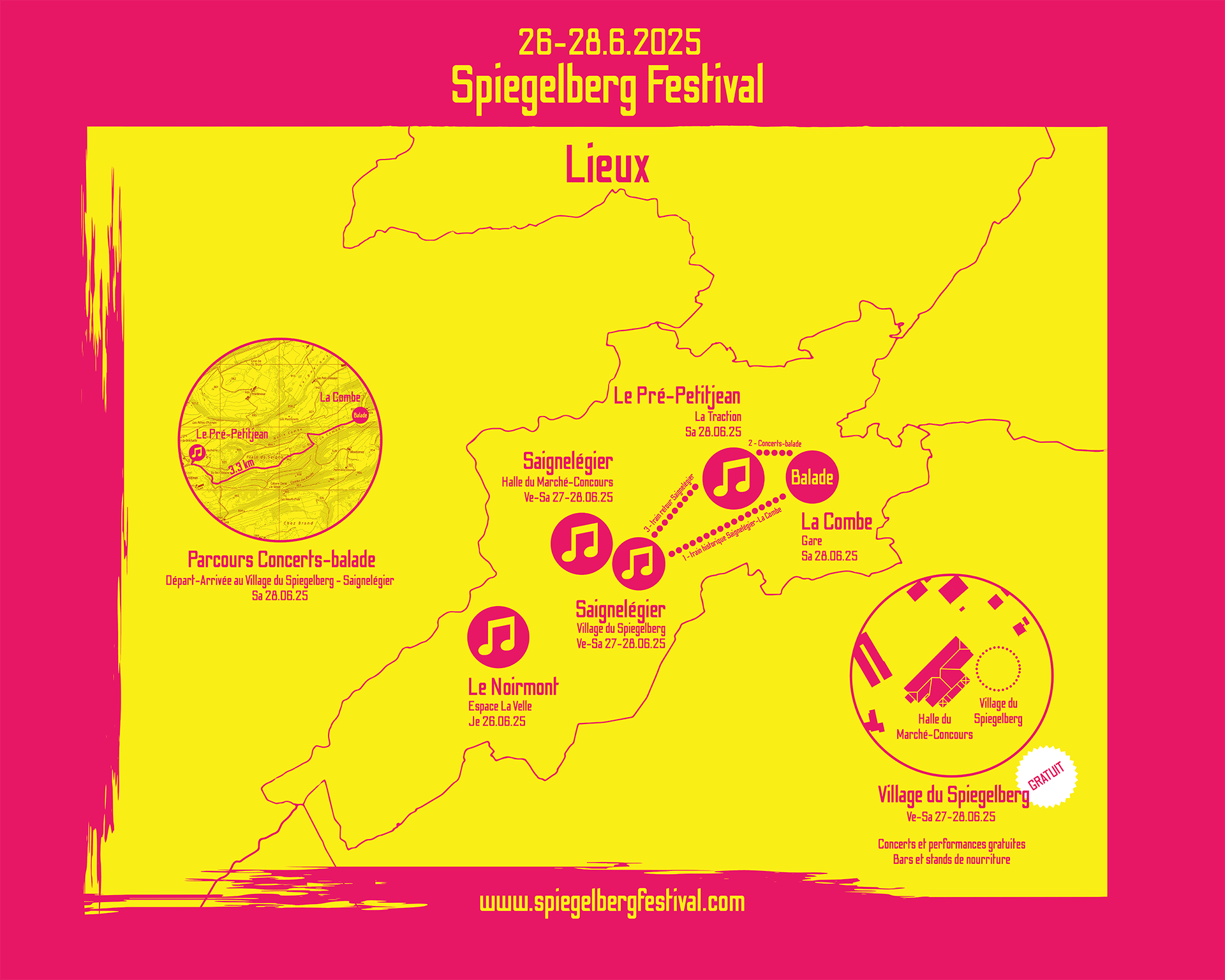 Carte des Franches-Montagnes aux couleurs de la 2e édition du Spiegelberg Festival (jaune et rose), sur lesquels figurent les lieux où des concerts et autres activités prendront place.
